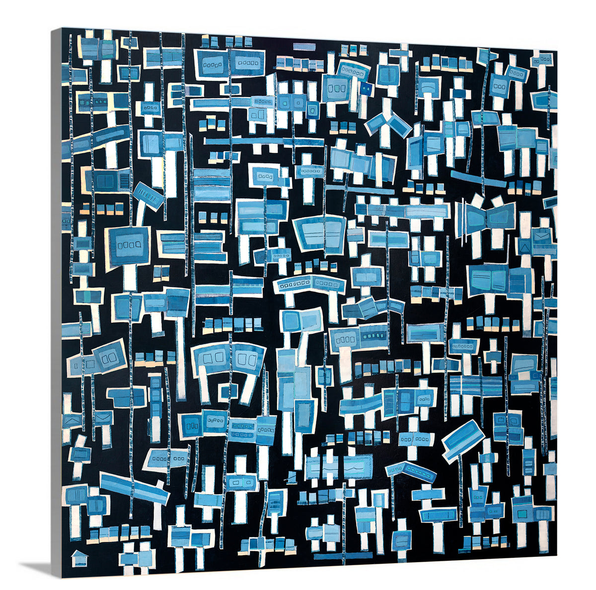A side-angle view of a blue, white and black abstract print on canvas.