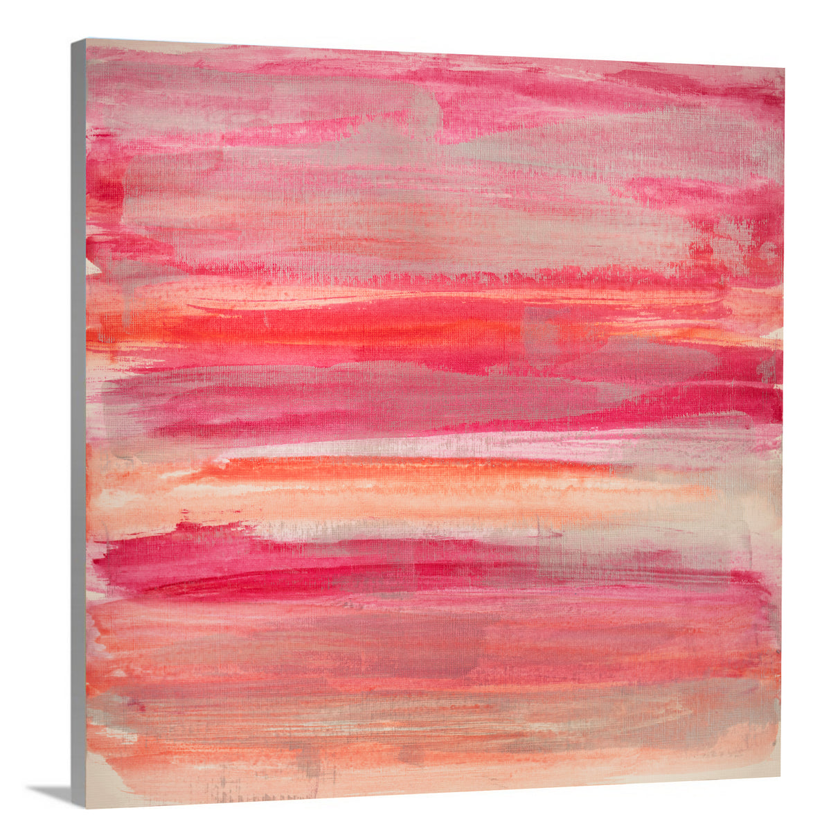 A side-angle view of a pink, silver and orange abstract print on canvas.