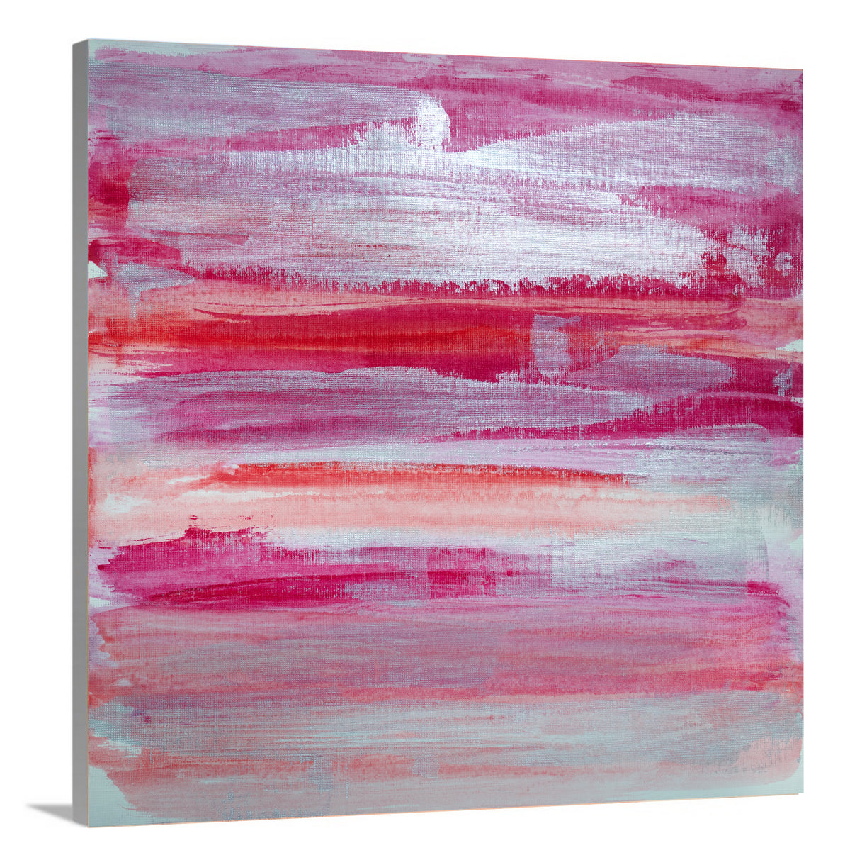 A side-angle view of a pink, white, silver and red abstract print on canvas.