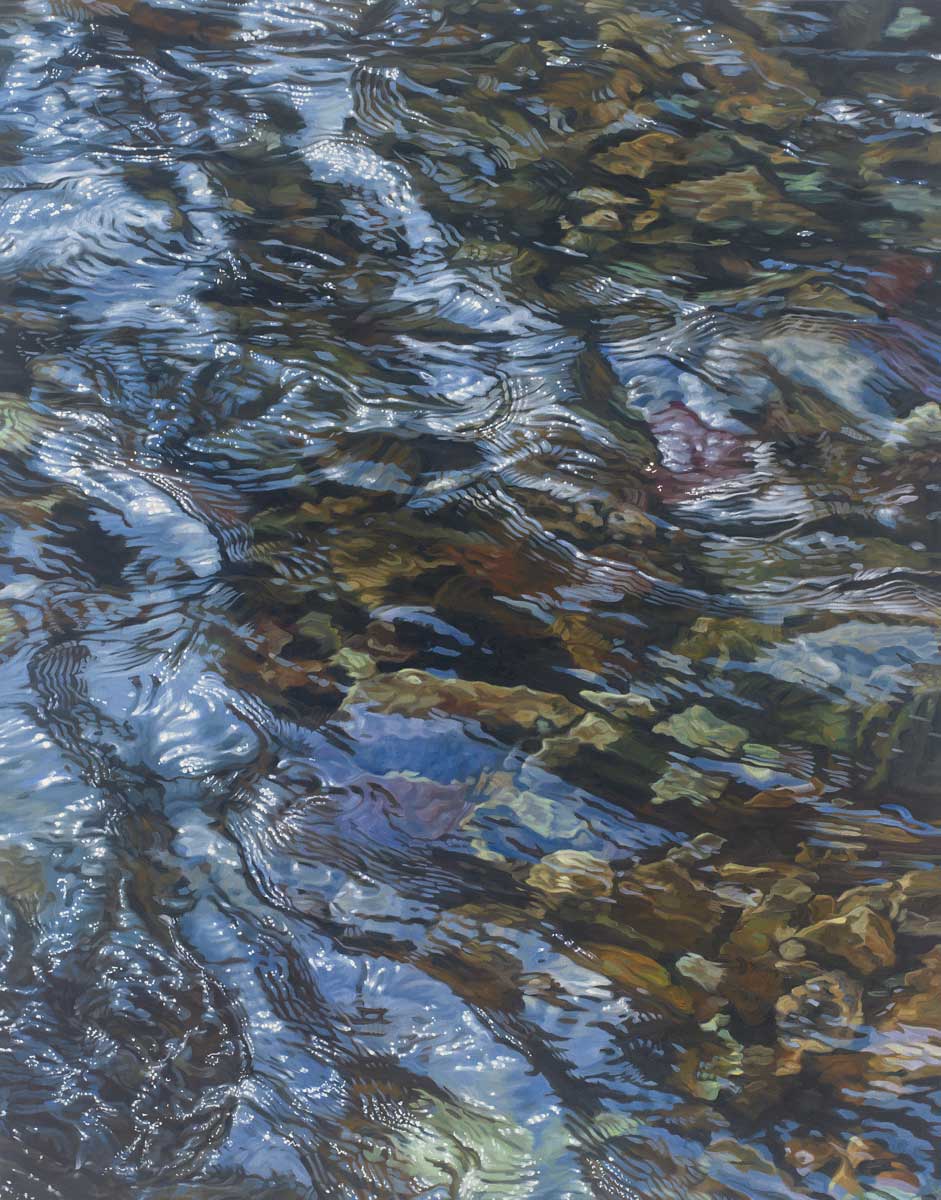 A brown, dark green, white and light blue abstract river rocks in water print by John Harris.