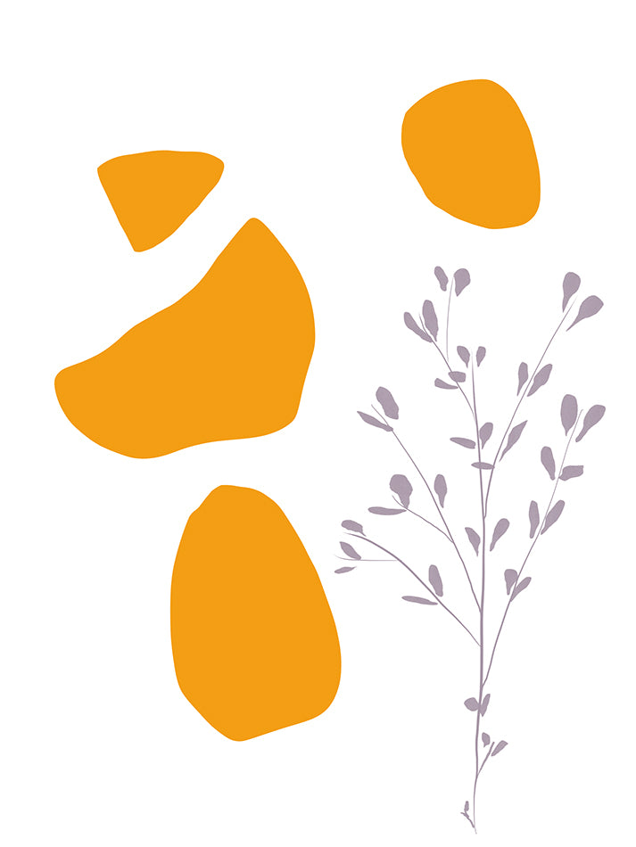 A minimal abstract print of a lavender wildflower with orange geometric shapes by Hazal Ozturk.