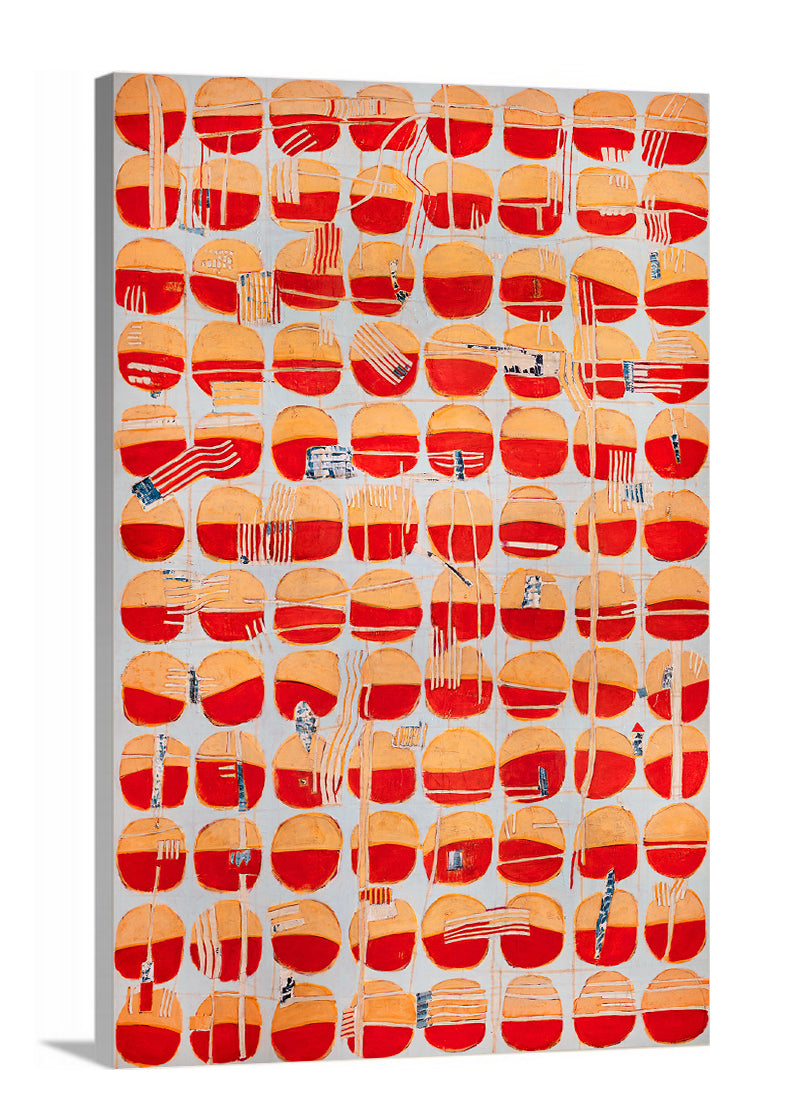 A side-angle vier of a red, orange and light blue abstract print on canvas.