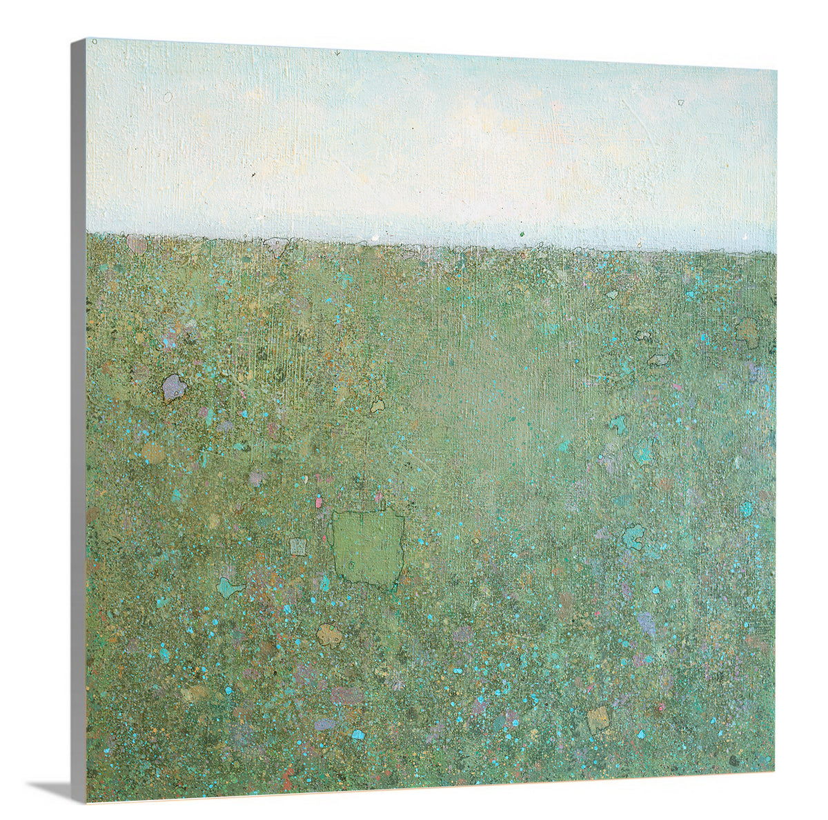 A side-angle view of a green and blue abstract landscape by Elwood Howell on canvas.