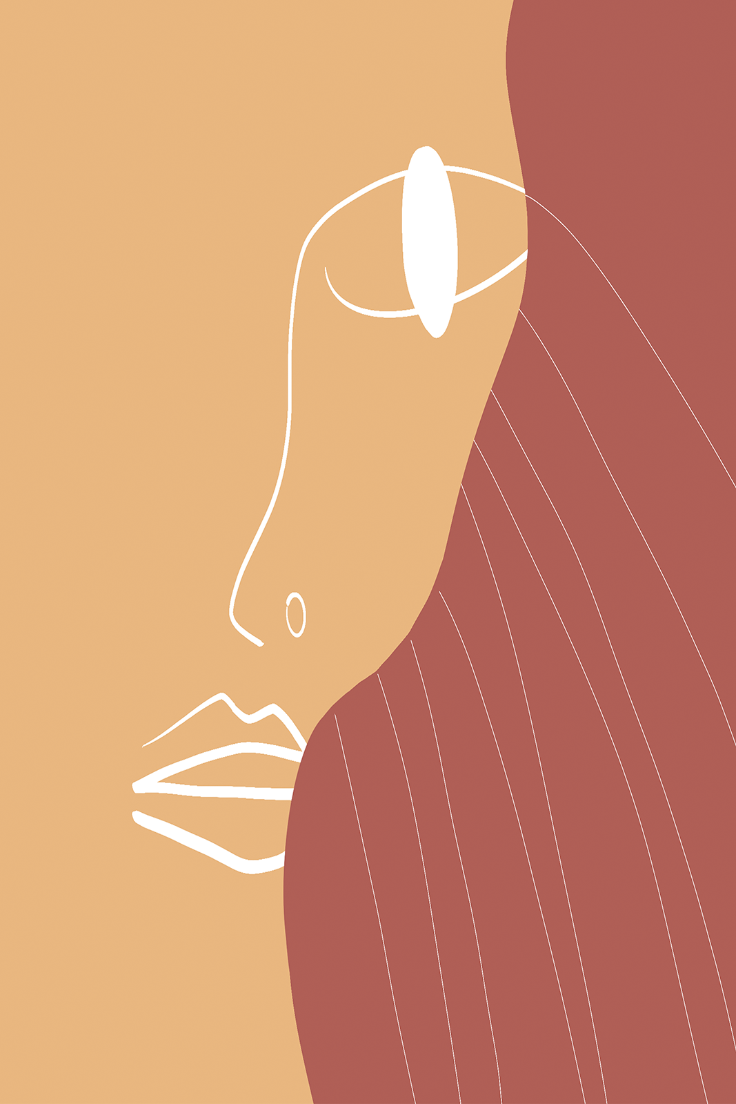 An abstract print with an outline of a woman's face in white and terracotta and beige organic shapes in the background.
