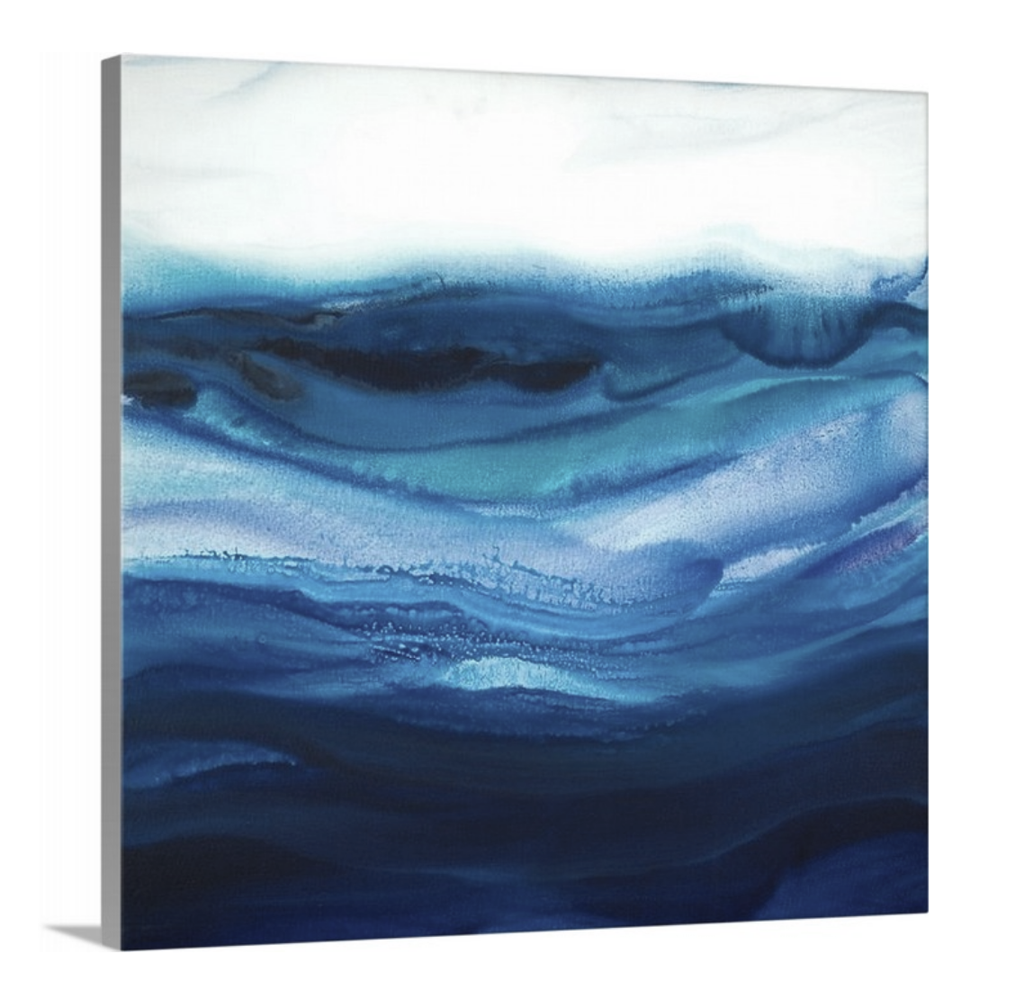 A side-angle view of a blue, teal and white abstract print on canvas.