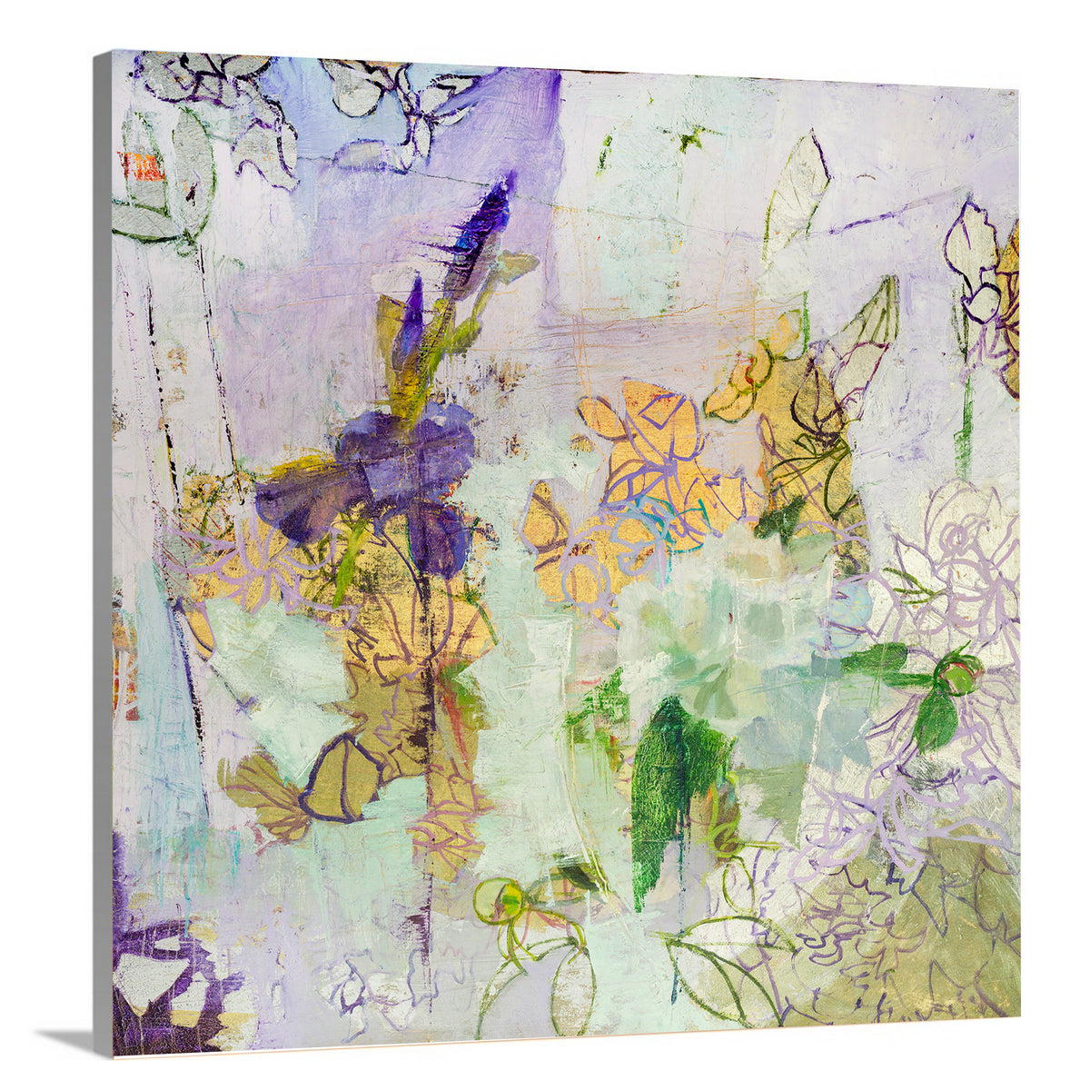 A side-angle view of a purple, gold and green abstract print on canvas.