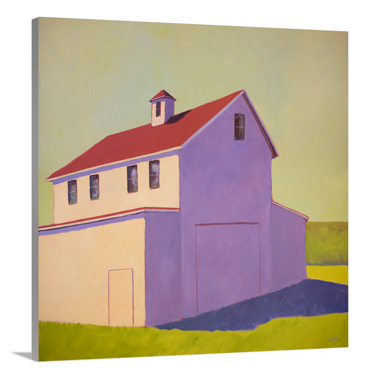 A side-angle view of a contemporary barn print by Carol Young on canvas.