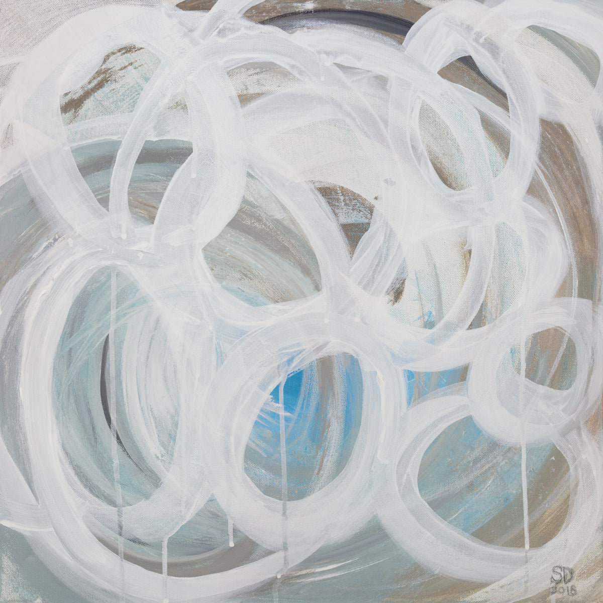 A white, light teal, blue and beige abstract print by Sue De Chiara.