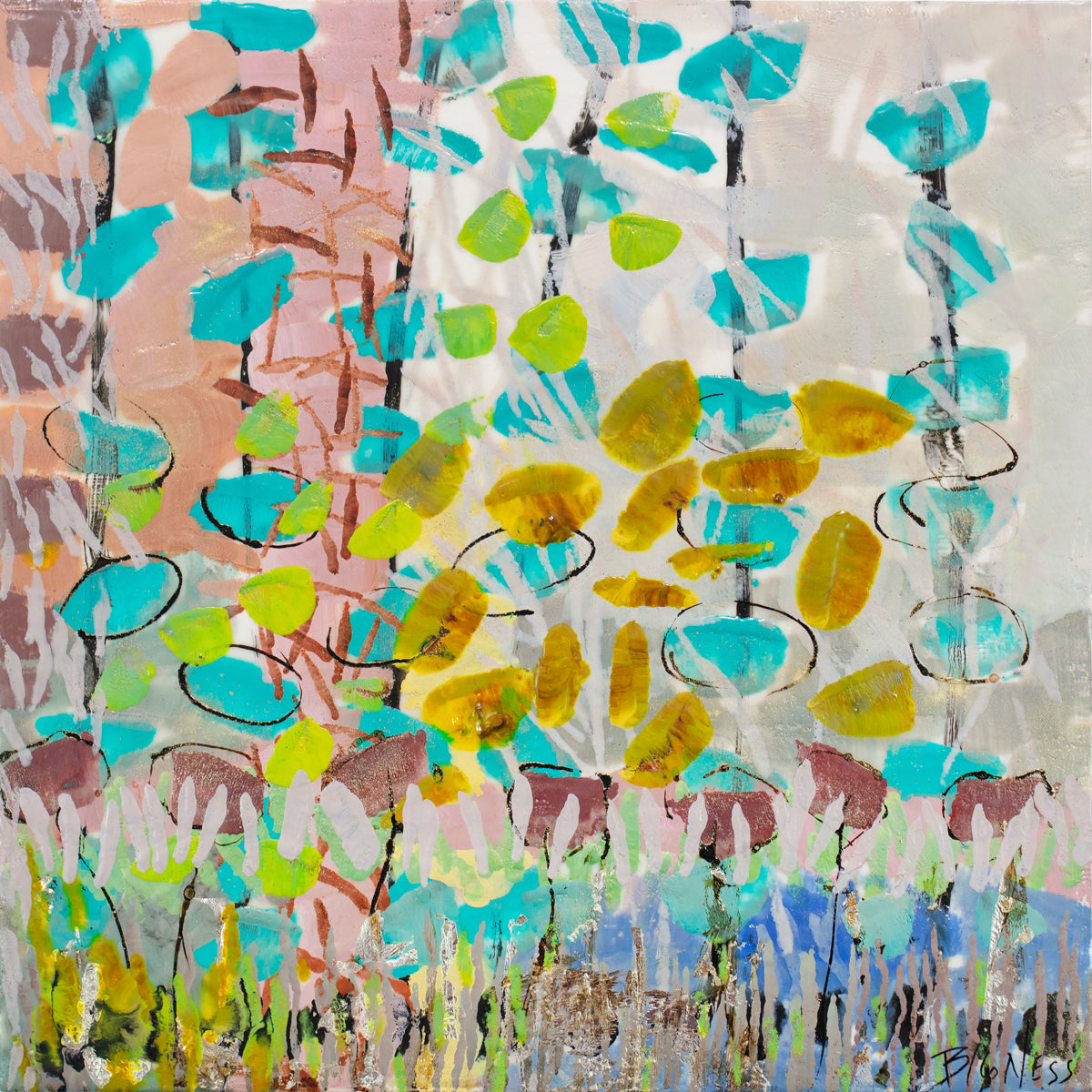 A colorful abstract painting by Linda Bigness. 