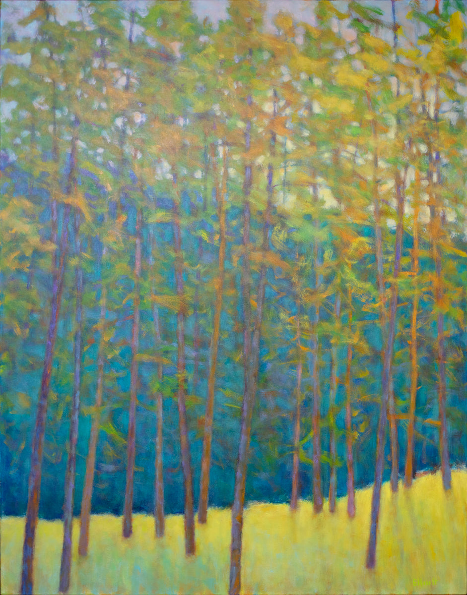 Painting of trees with a blue sky and yellow ground