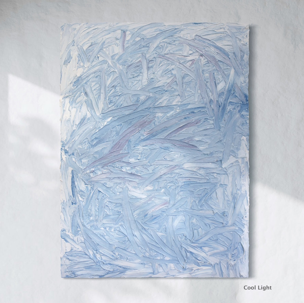 Abstract painting with blue and white brush strokes on a light gray background
