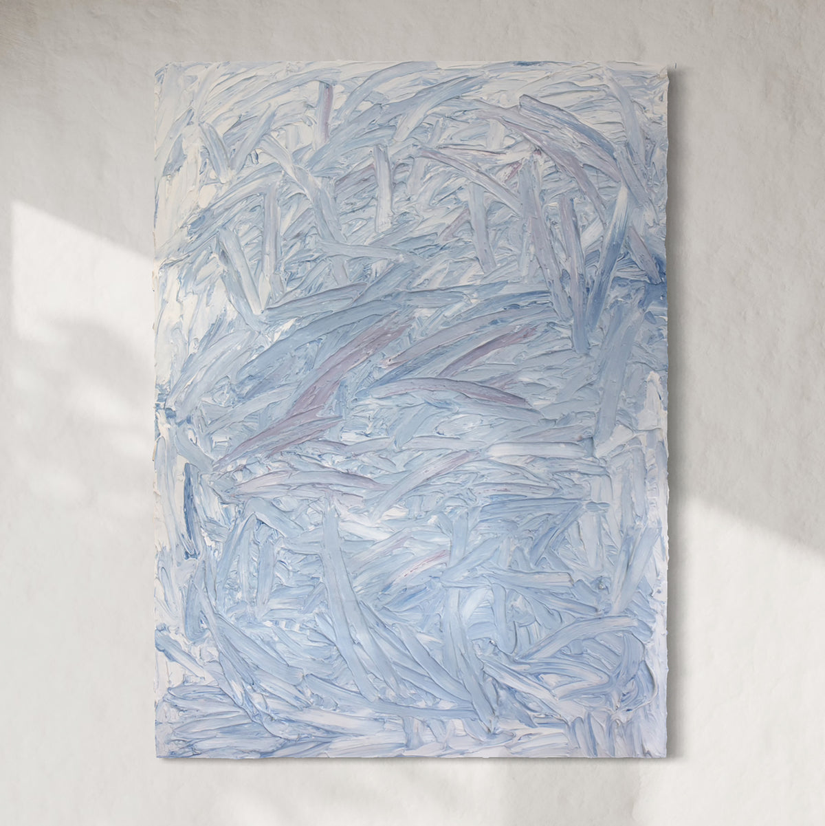 Abstract painting with blue and white brush strokes on a light gray background