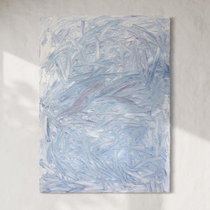 Abstract painting with blue and white brush strokes on a light gray background