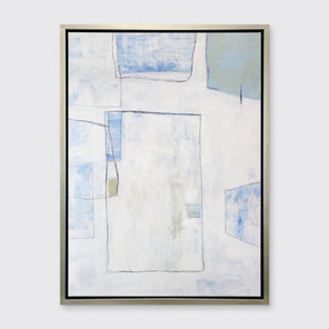 A white, blue and green abstract print in a silver floater frame hangs on a white wall.
