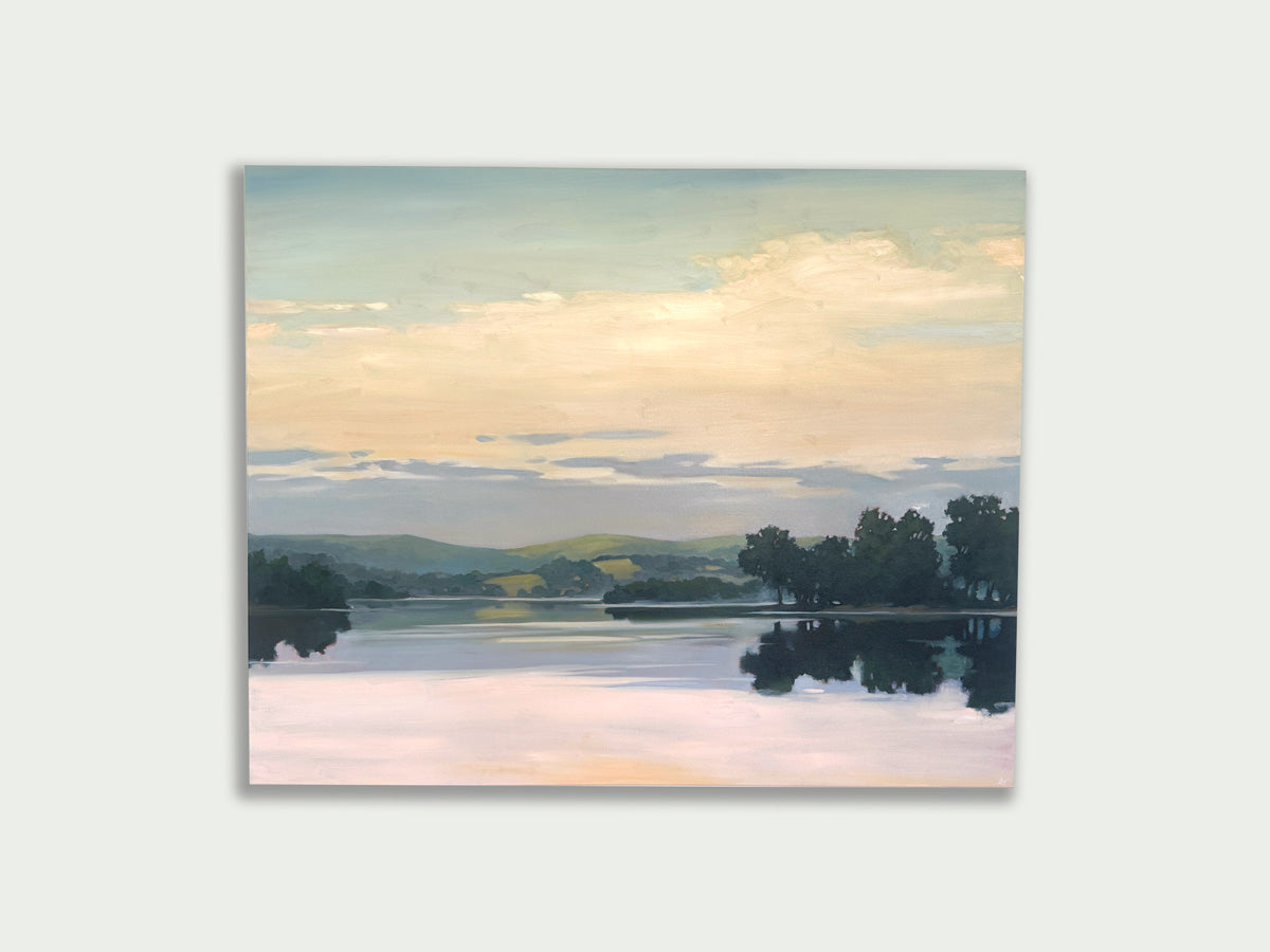 Landscape painting of a lake with trees and clouds
