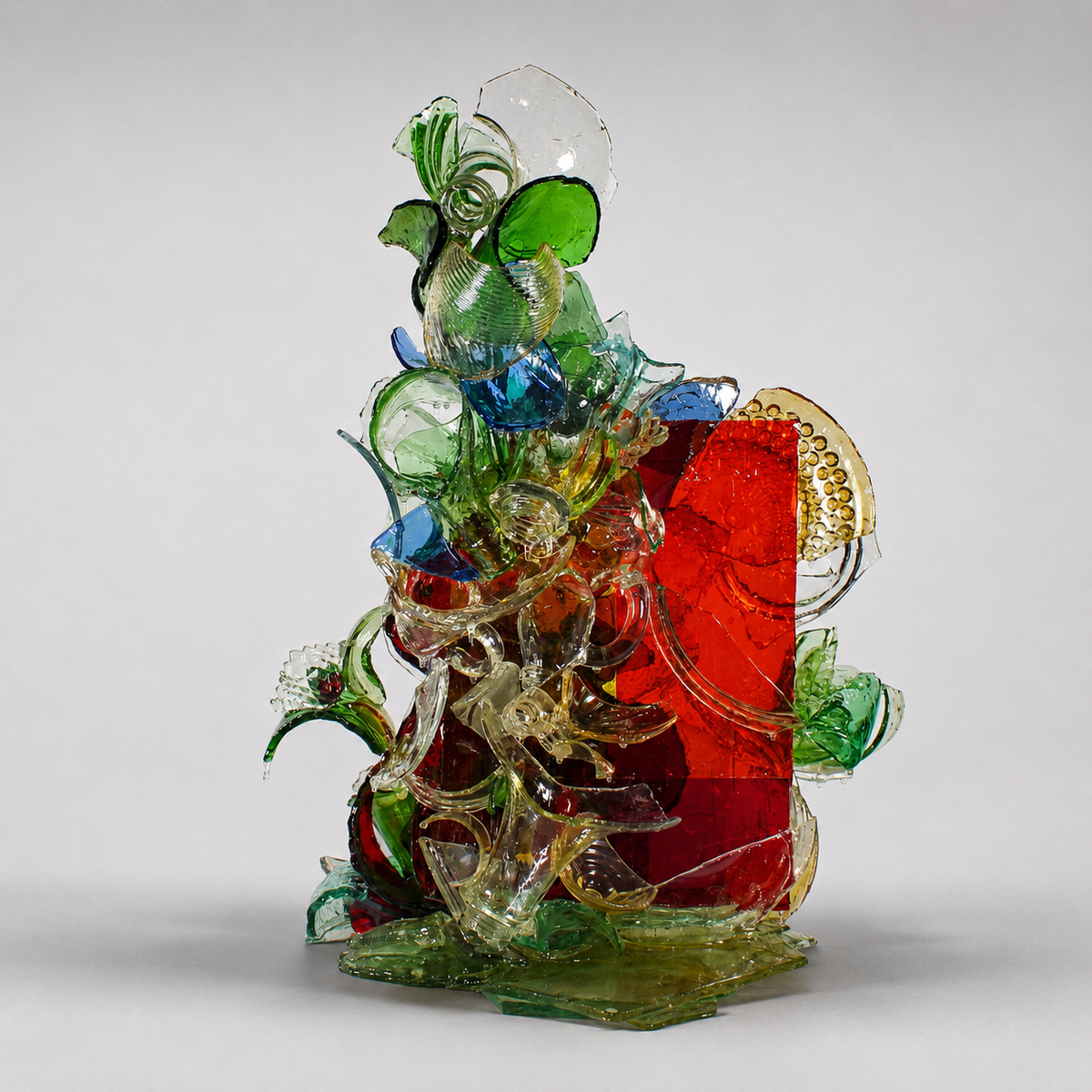Colorful glass sculpture with red, green, and blue elements on a gray background