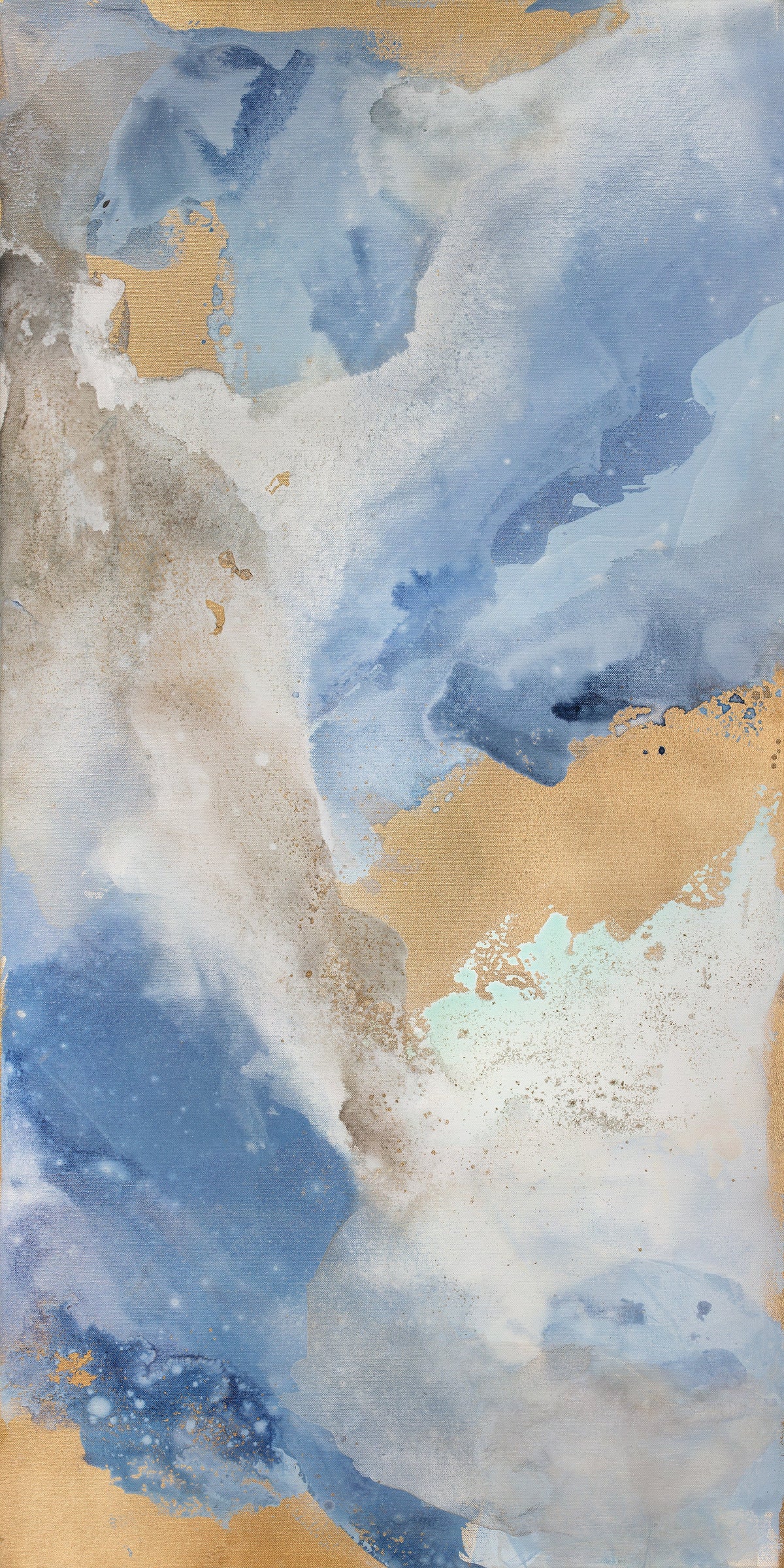 A gold, blue and white abstract print by Julia Contacessi.