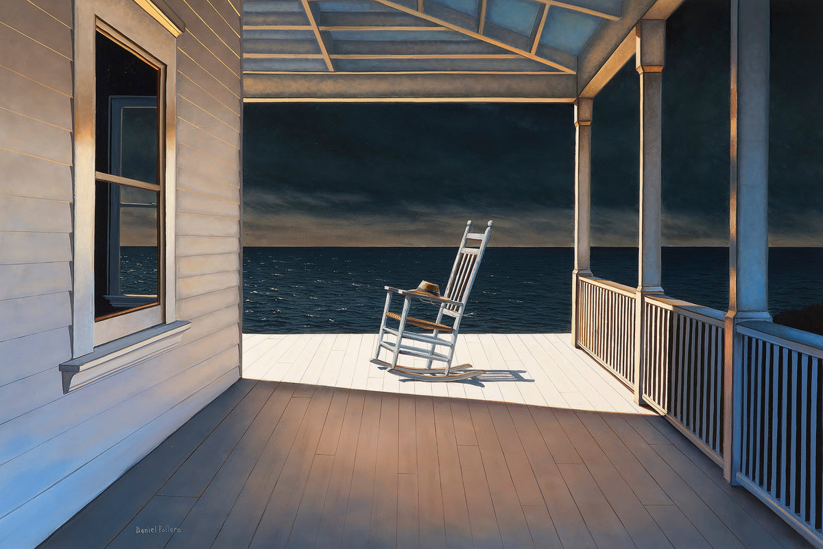 A painting of a rocking chair on a wrap around porch. The ocean is visible in the distance. The sky is dark but there is still some light left at the horizon. The rocking chair is sit at the corner of the porch in a stream of light coming from an unseen source.