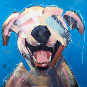 An abstracted painting of a dog's face with a blue background by Russell Miyaki. 