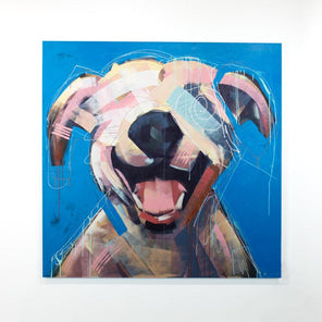 A large abstracted painting of a dog hangs on a white wall. 