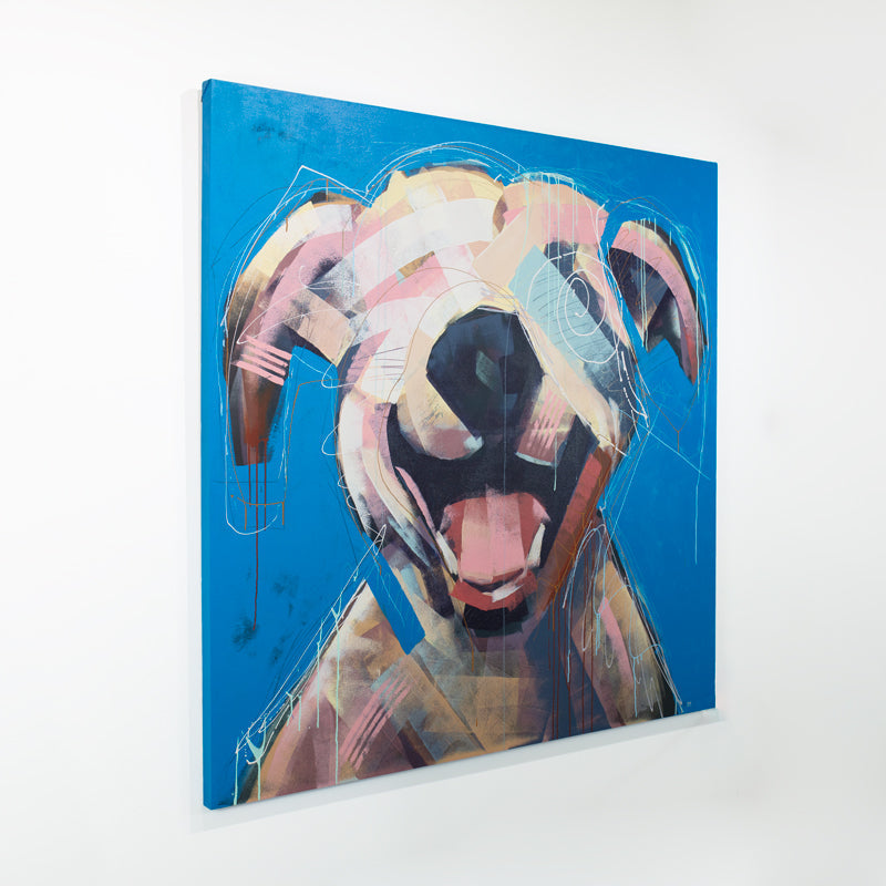 A large abstracted painting of a dog hangs on a white wall.