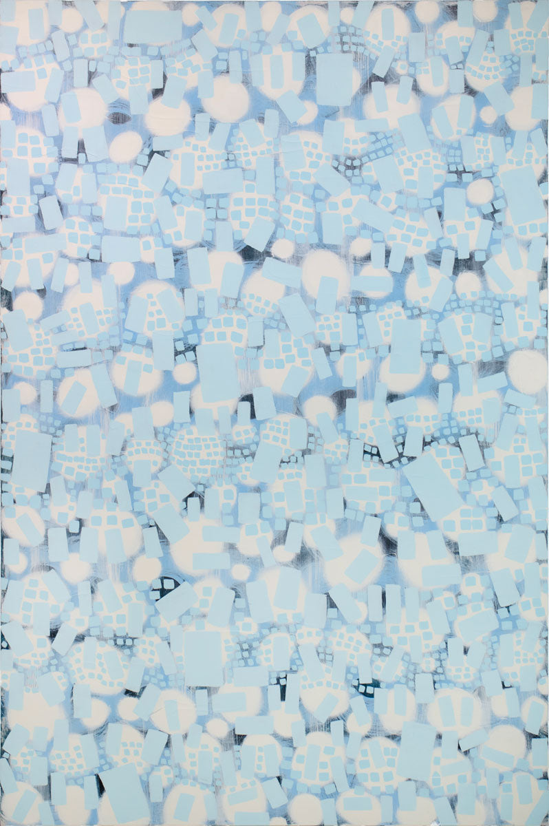 An abstract blue and white geometric painting by Sofie Swann. 