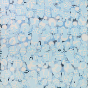 An abstract blue and white geometric painting by Sofie Swann. 