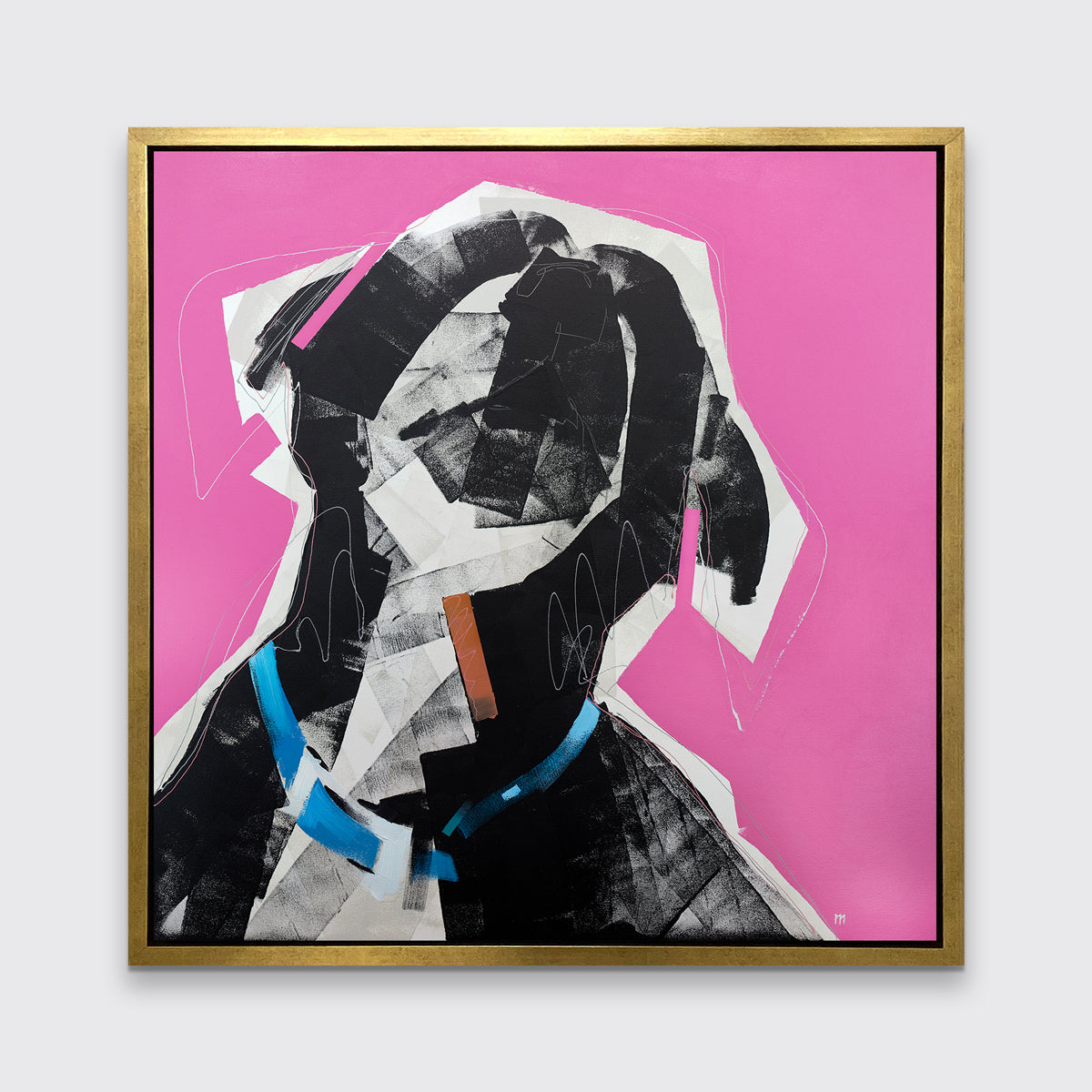 A pink, black, white and blue abstract dog print in a sgold floater frame hangs on a white wall.
