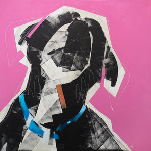 An abstract painting of a black and white dog with a blue collar on a bright pink background. 
