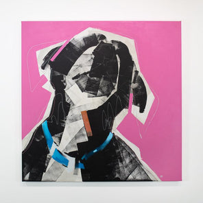 A large abstracted painting of a black and white dog with a blue collar on a bright pink background hangs on a white wall.