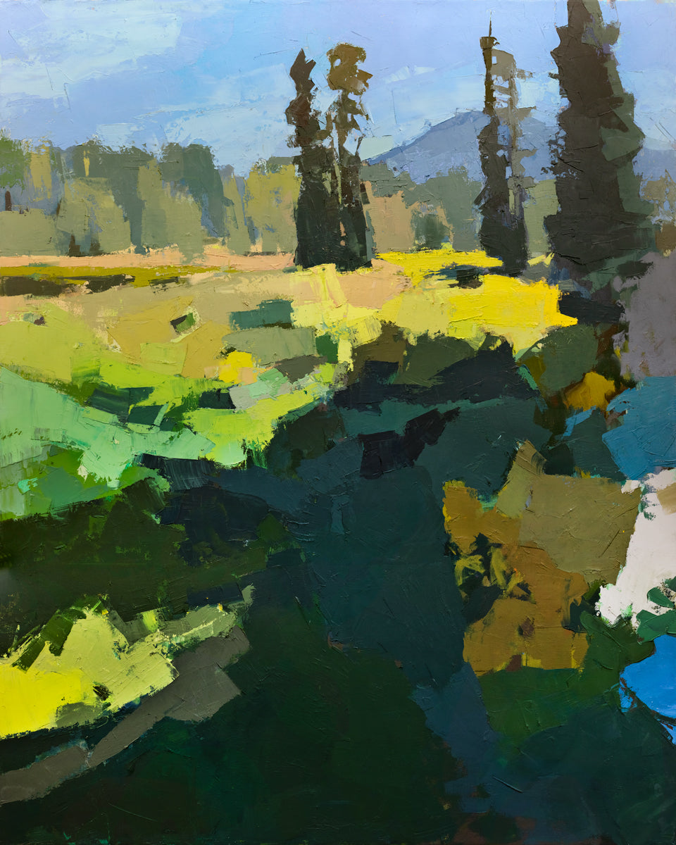 A blue, green, and yellow abstracted landscape art print by Bri Custer. 