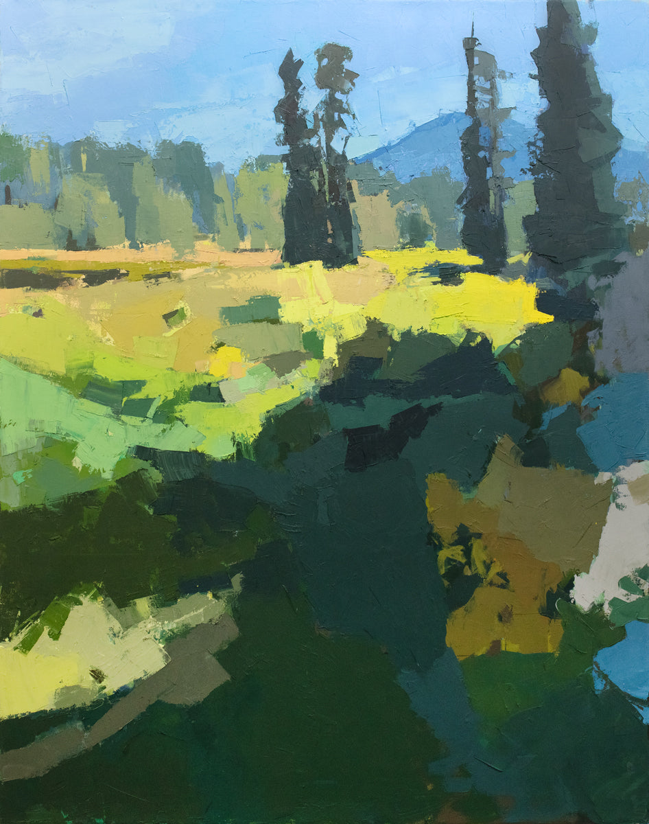 An abstracted blue and yellow landscape painting. 