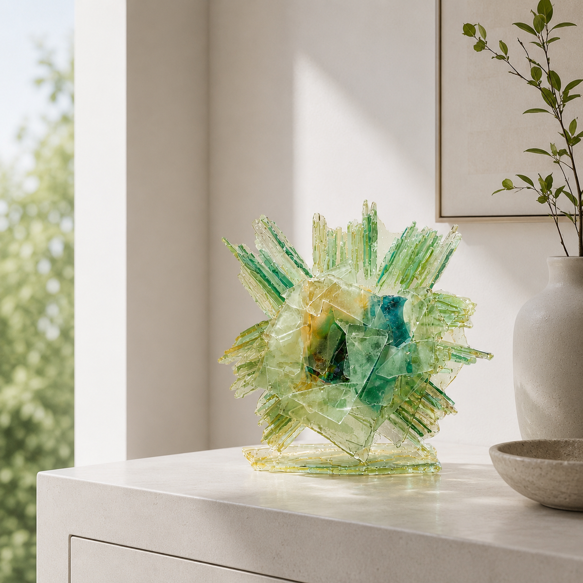 An abstract glass sculpture on a white pedestal against a neutral background. 
