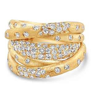 Gold ring with embedded diamonds on a white background
