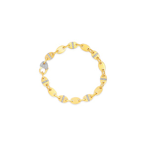 Gold bracelet with diamond accents on a white background