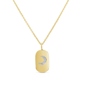 Gold necklace with a rectangular pendant featuring a moon design on a white background