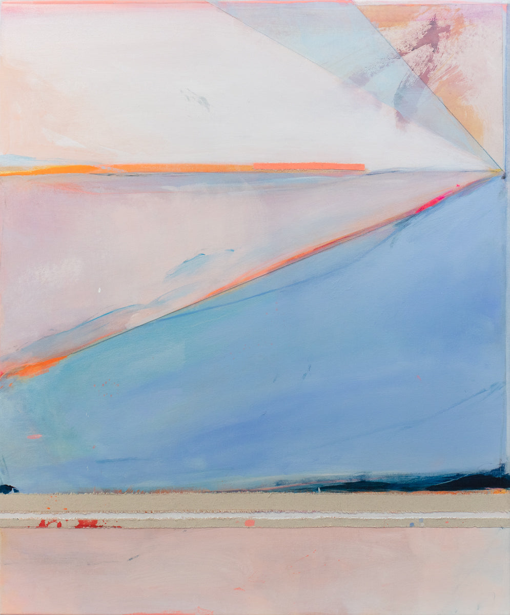 A pink and blue abstract painting by Kelly Rossetti.