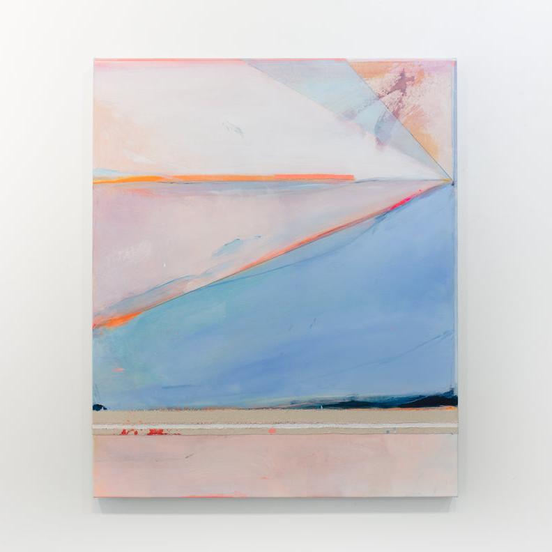A pink and blue abstract painting hangs on a white wall. 