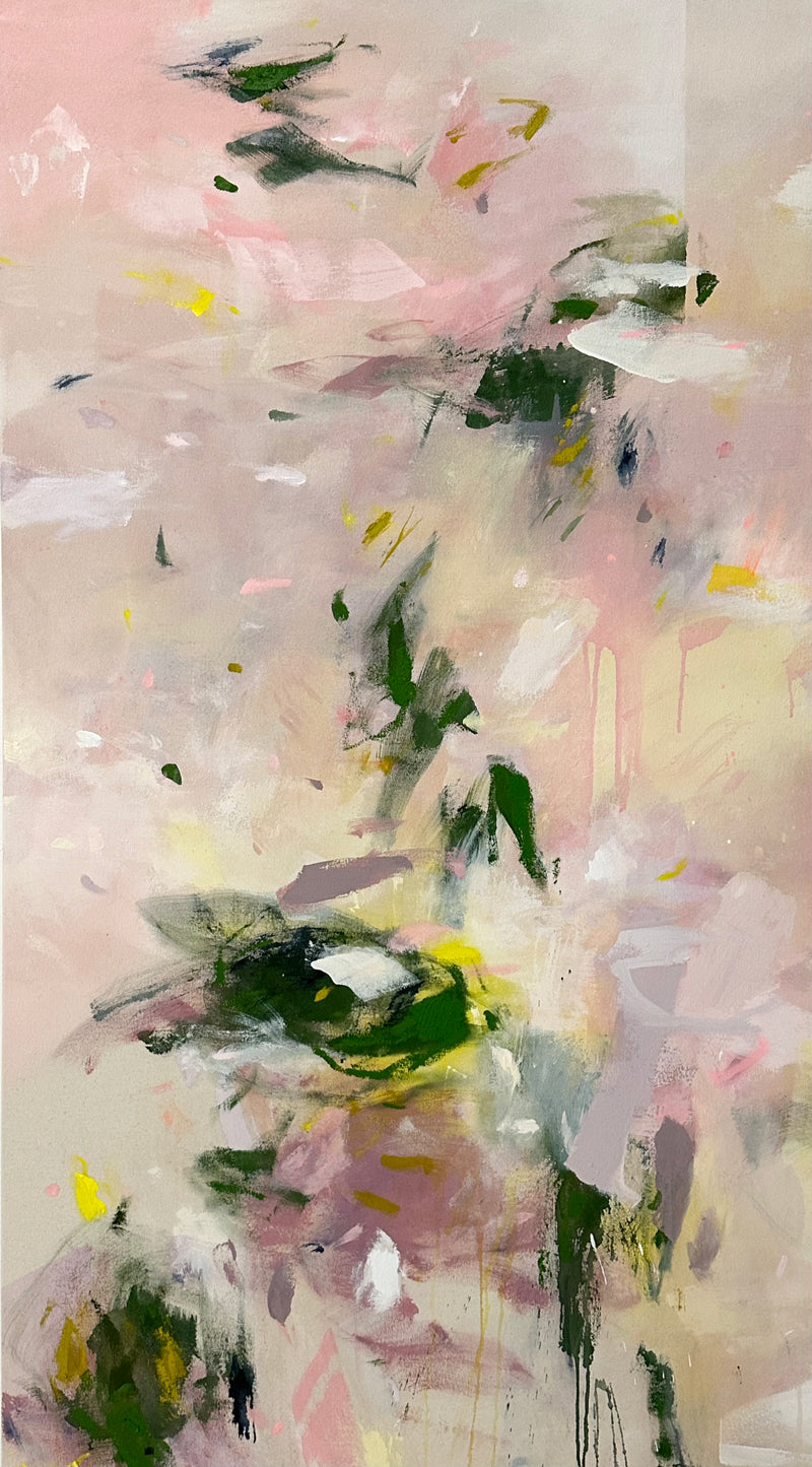 A pink and green abstract painting by Kelly Rossetti. 