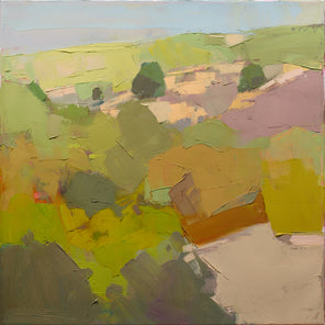A green abstracted landscape painting by Bri Custer. 