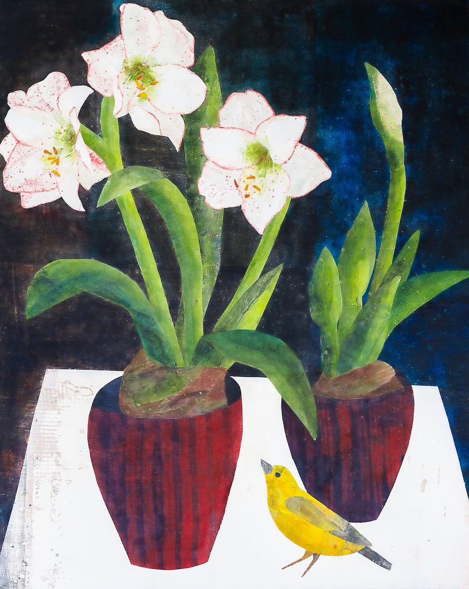 A framed still life painting featuring two potted white flowers with green stems and leaves, a small yellow bird, and a dark blue background.