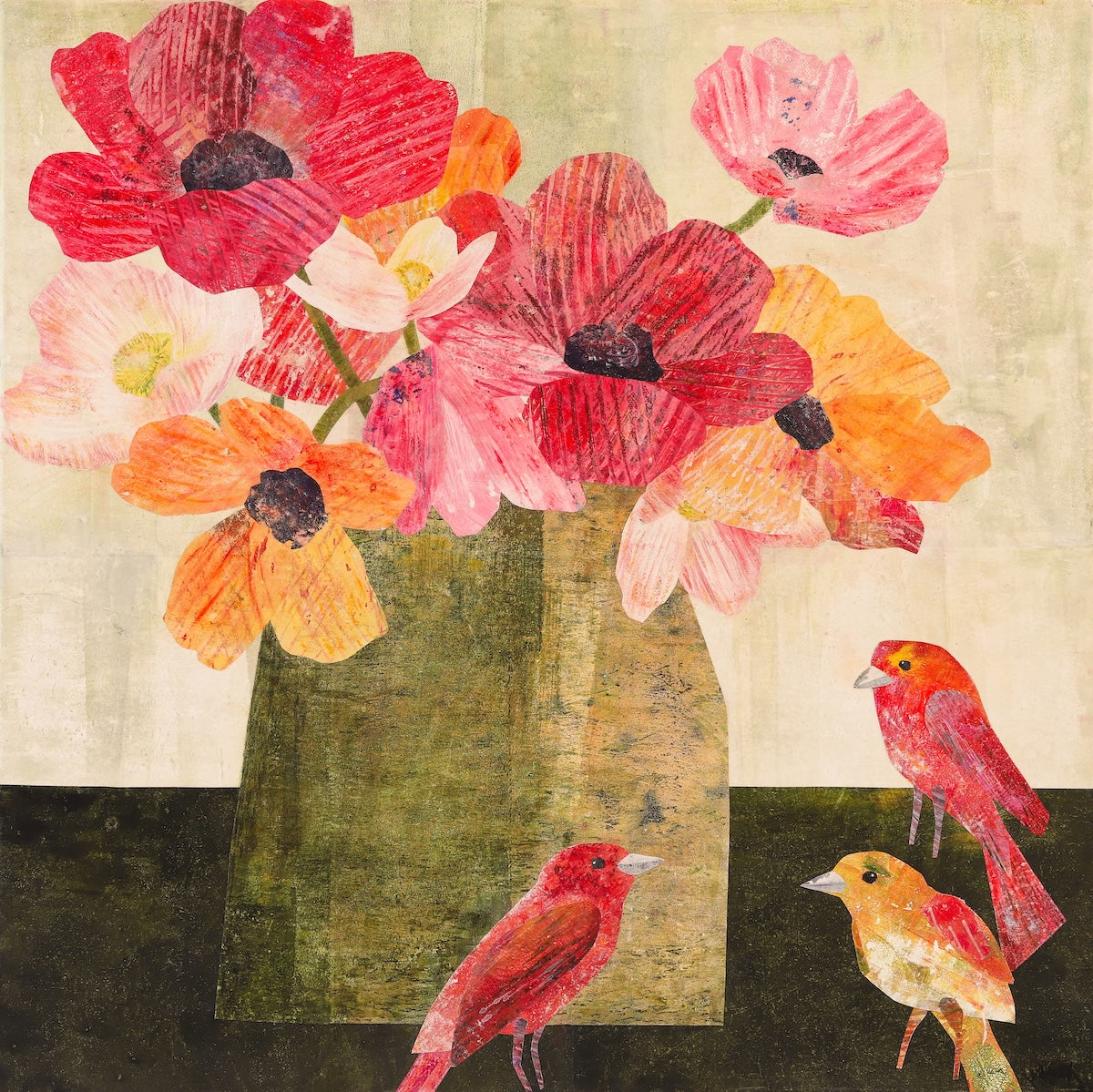 A colorful collage artwork depicting a vase filled with large red, pink, and orange flowers, with three small red and orange birds on a dark surface against a pale textured background.