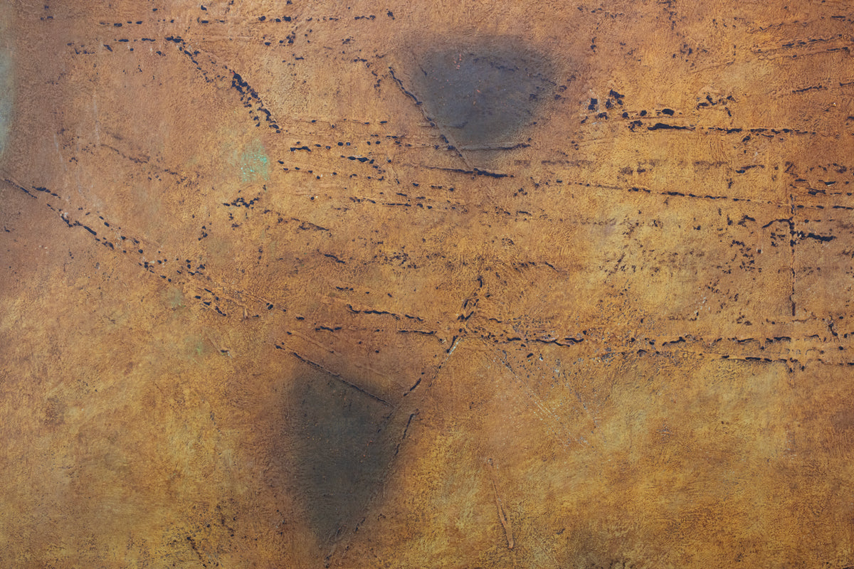 A close-up view of a detail of an abstract painting by Stanley Bate. 