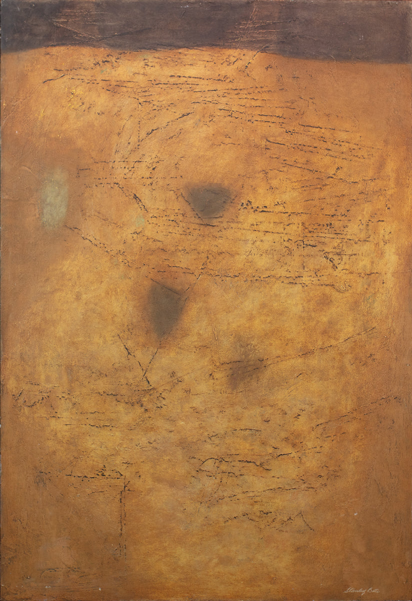 A warm yellow and brown abstract painting by Stanley Bate.