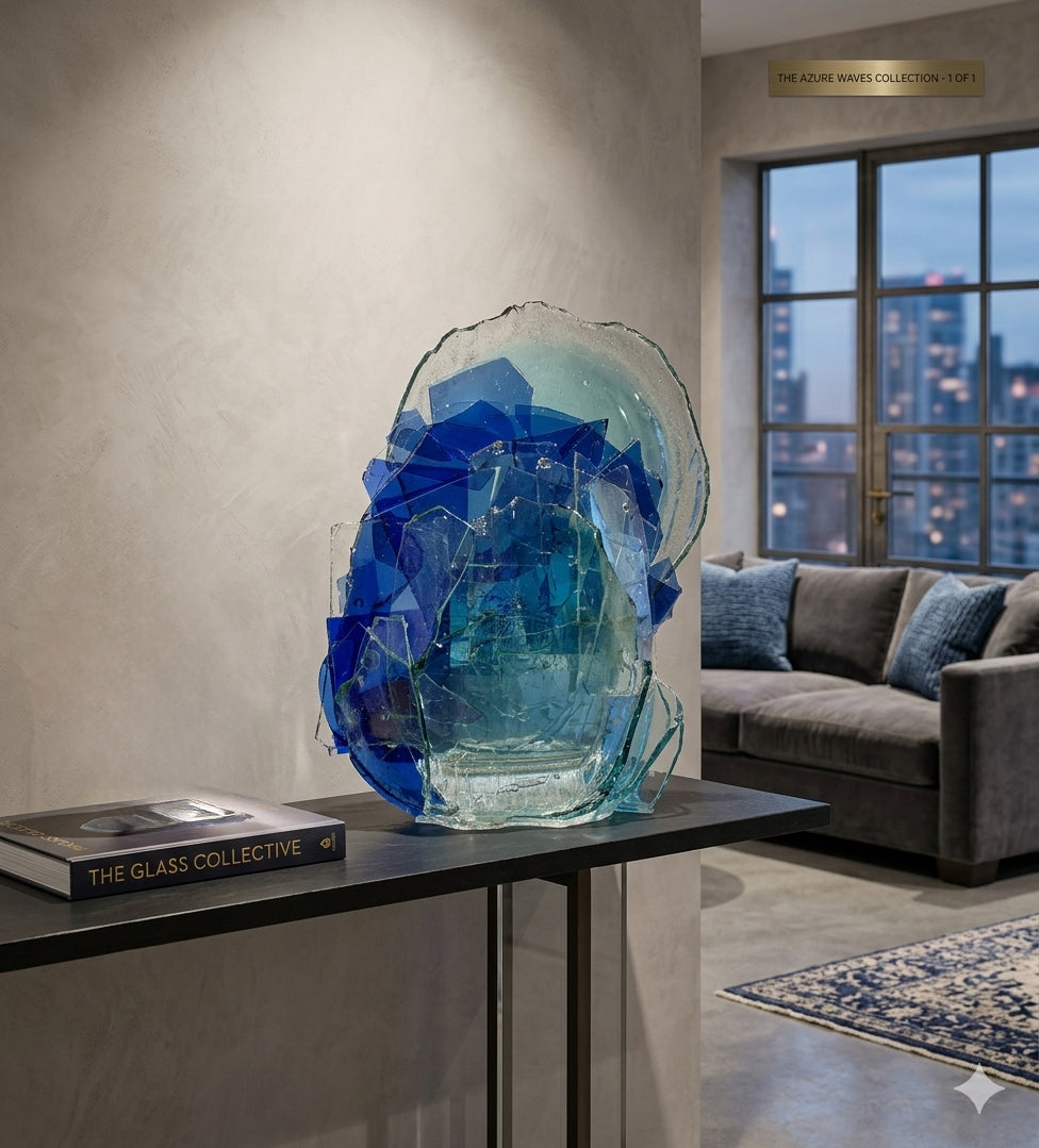 Glass sculpture with blue and green hues on a table in a living room.