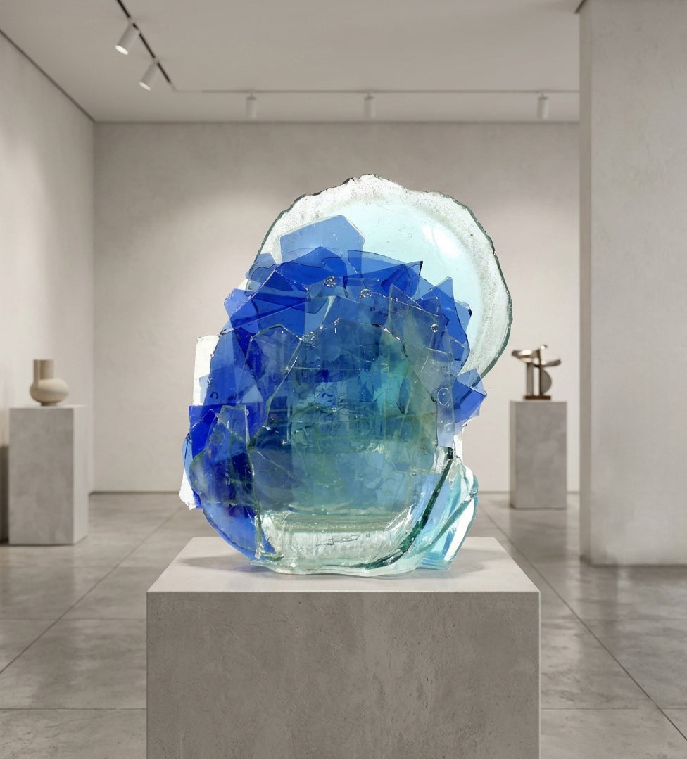 Glass sculpture with blue and green hues on a pedestal in an art gallery setting