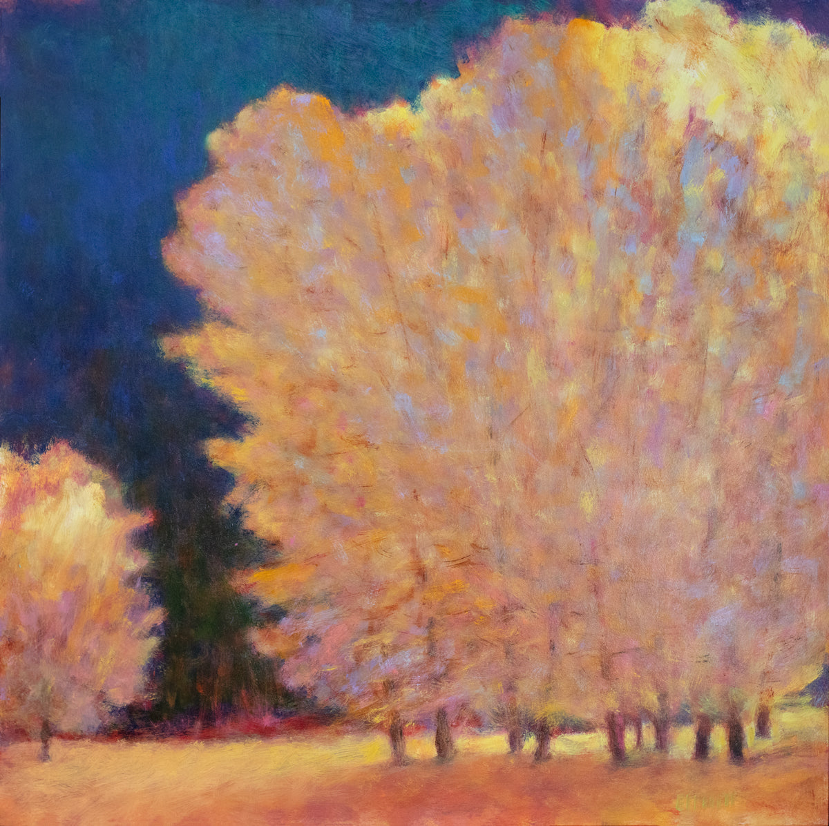 Painting of trees with autumn foliage in a field