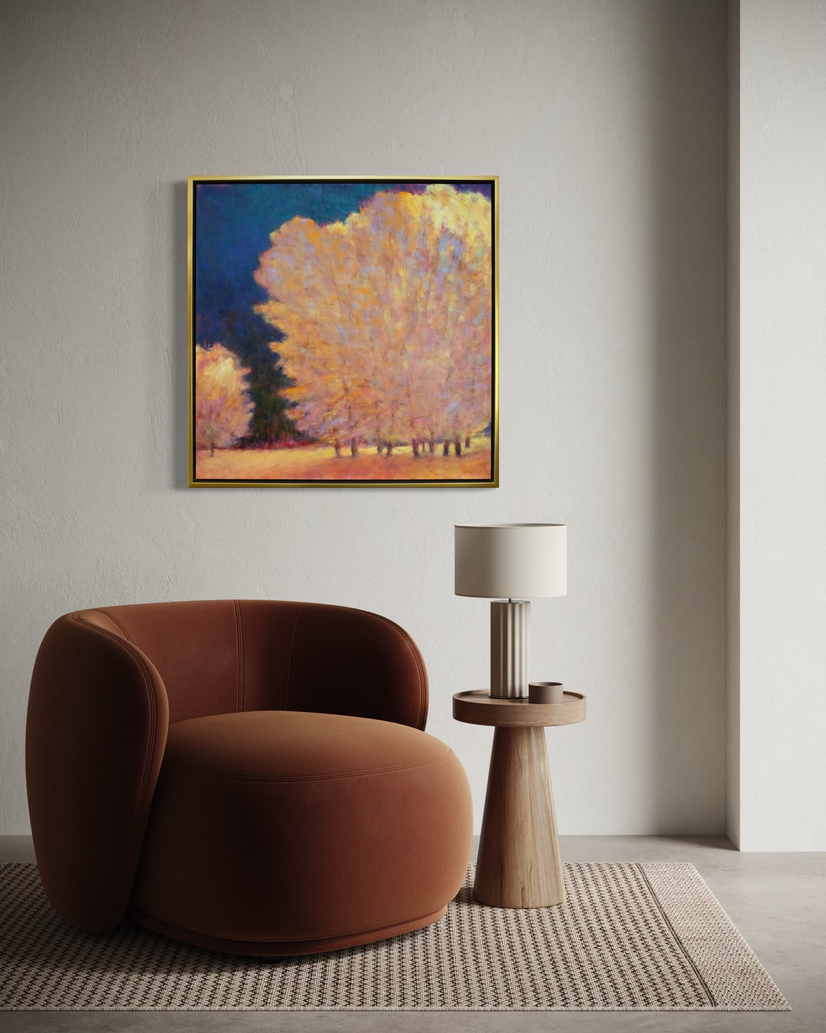 Modern interior with a brown armchair, side table, and abstract painting on the wall.