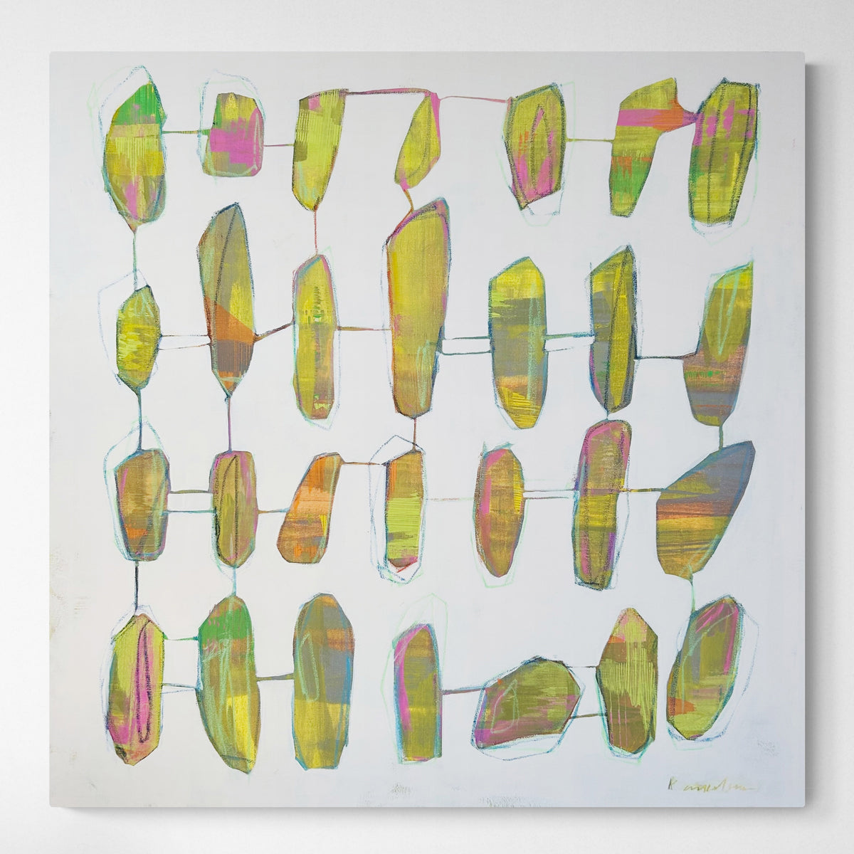 Abstract art piece with colorful geometric shapes on a light gray background.