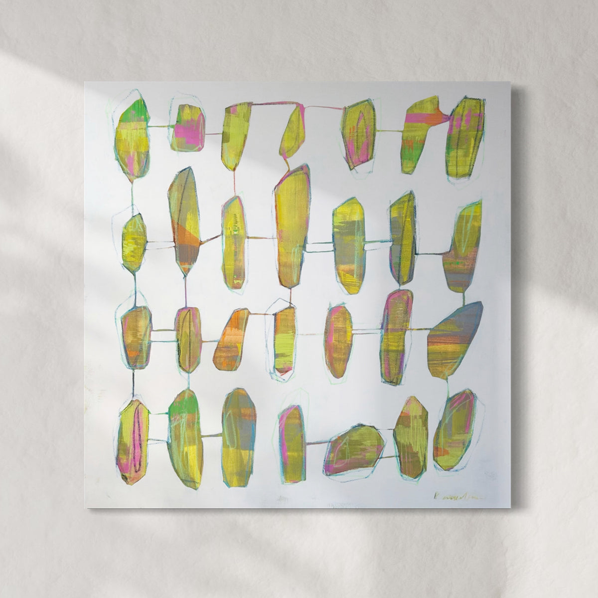 Abstract art print with colorful geometric shapes on a white background.